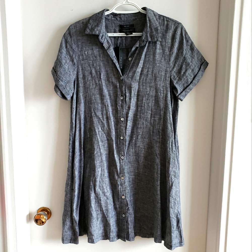 Tahari Linen Midi Dress Flowy A-Line Pearl Button Down Charcoal Grey Women M